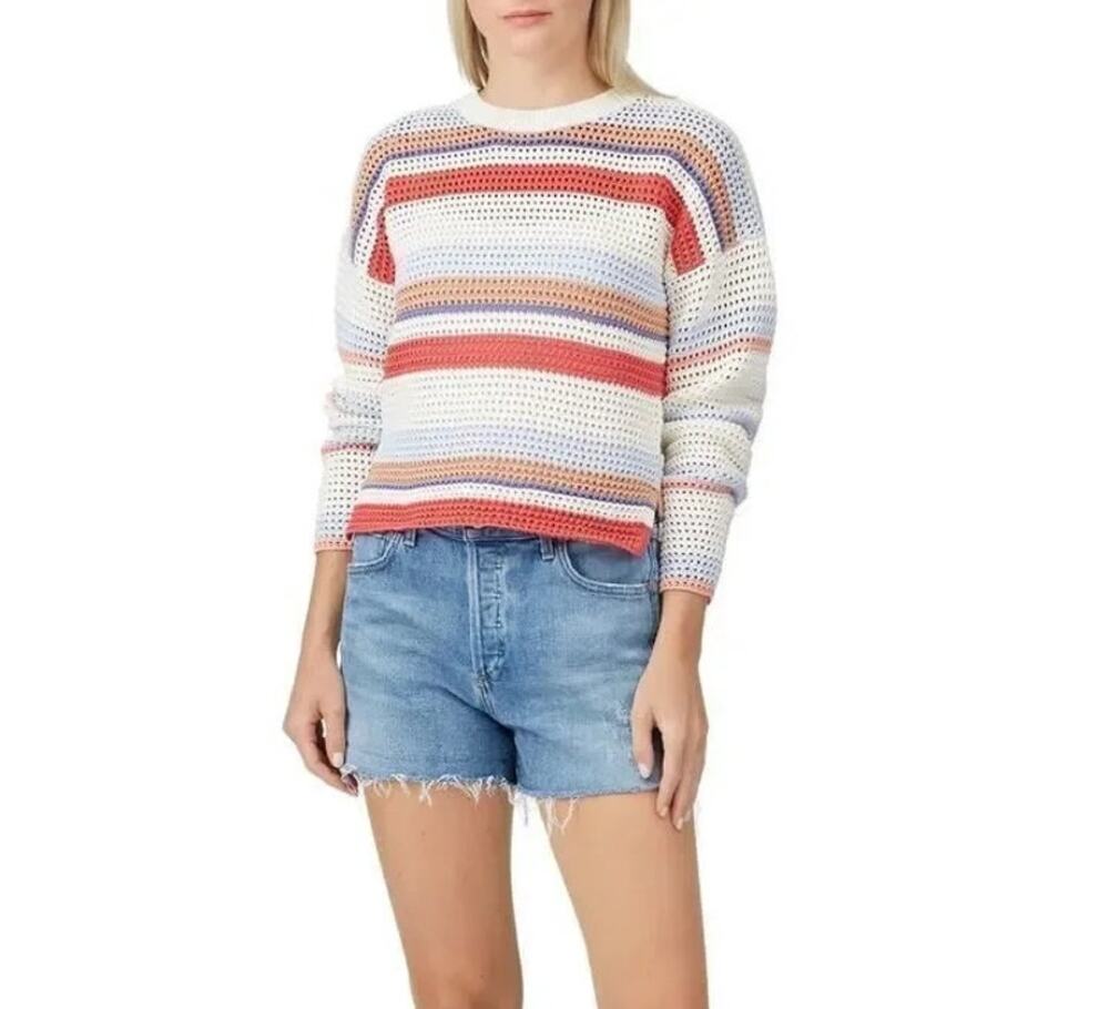 Joie Diza White Red Blue Striped Open Knit Crewneck Sweater, Large
